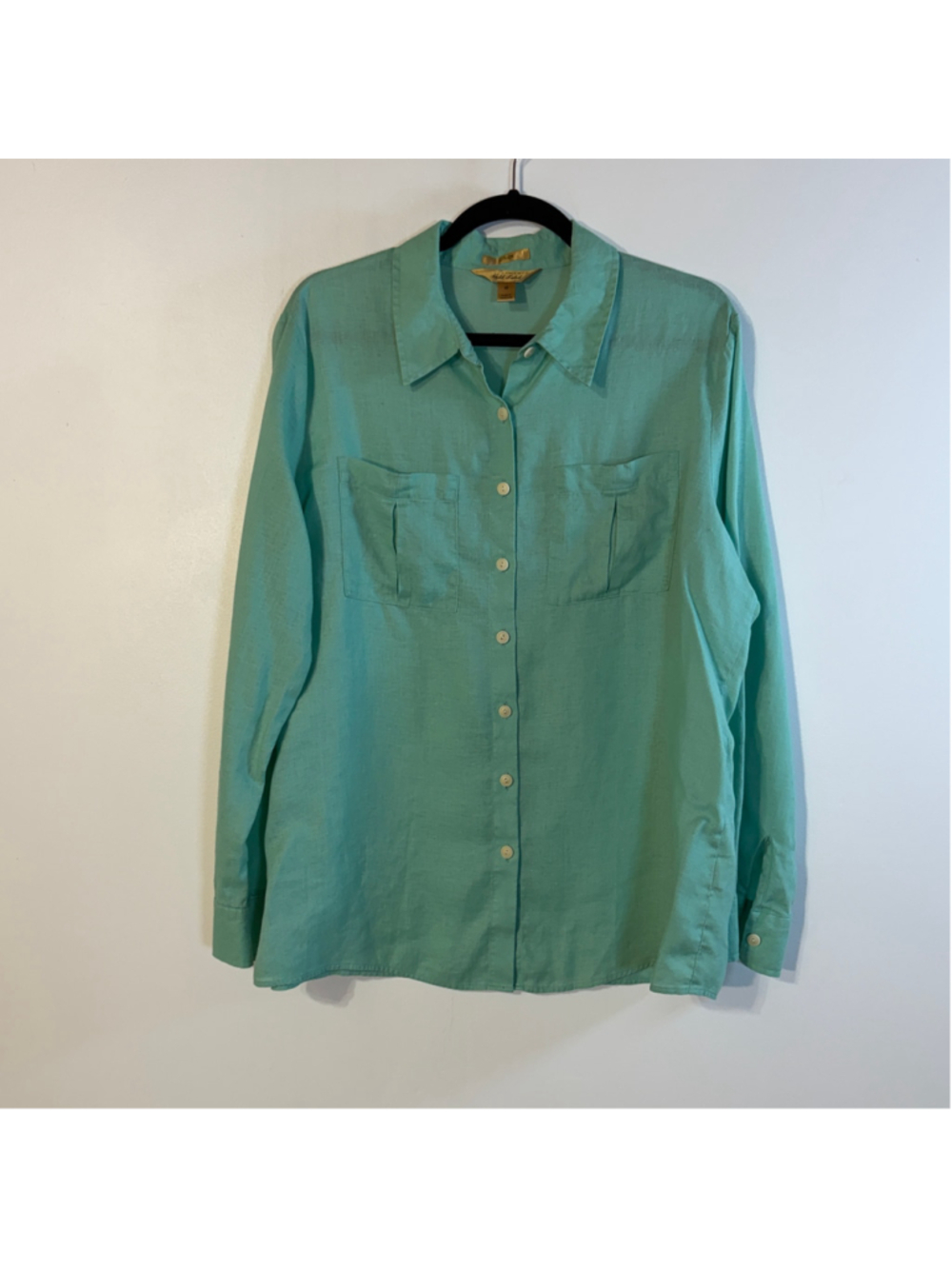 Investments Gold Label Linen Shirt Women’s Size 18 Button Front Green Roll Tabs